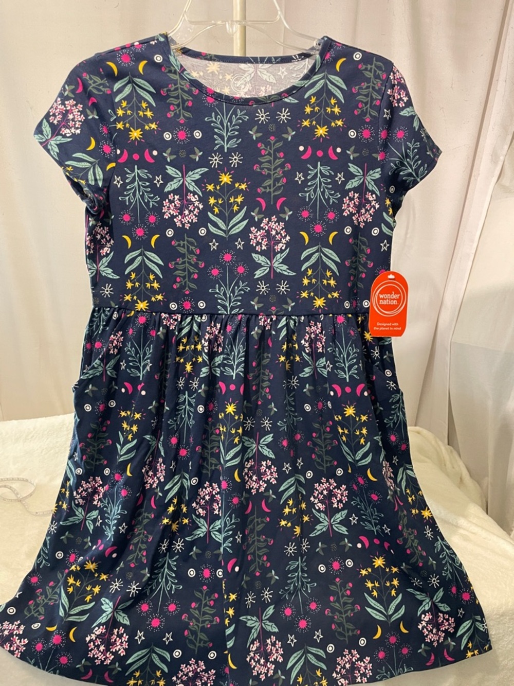 wonder nation Navy Floral Pocket Short Sleeve Dress with Pink & Yellow Accents